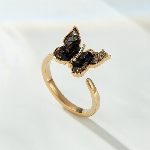Black Gradient Crystal Butterfly Open Ring
