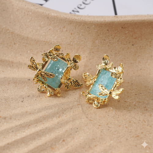 Butterfly Ice Flower Stone Zircon Necklace & Earring Set – Brass Gold-Plated Luxury Set