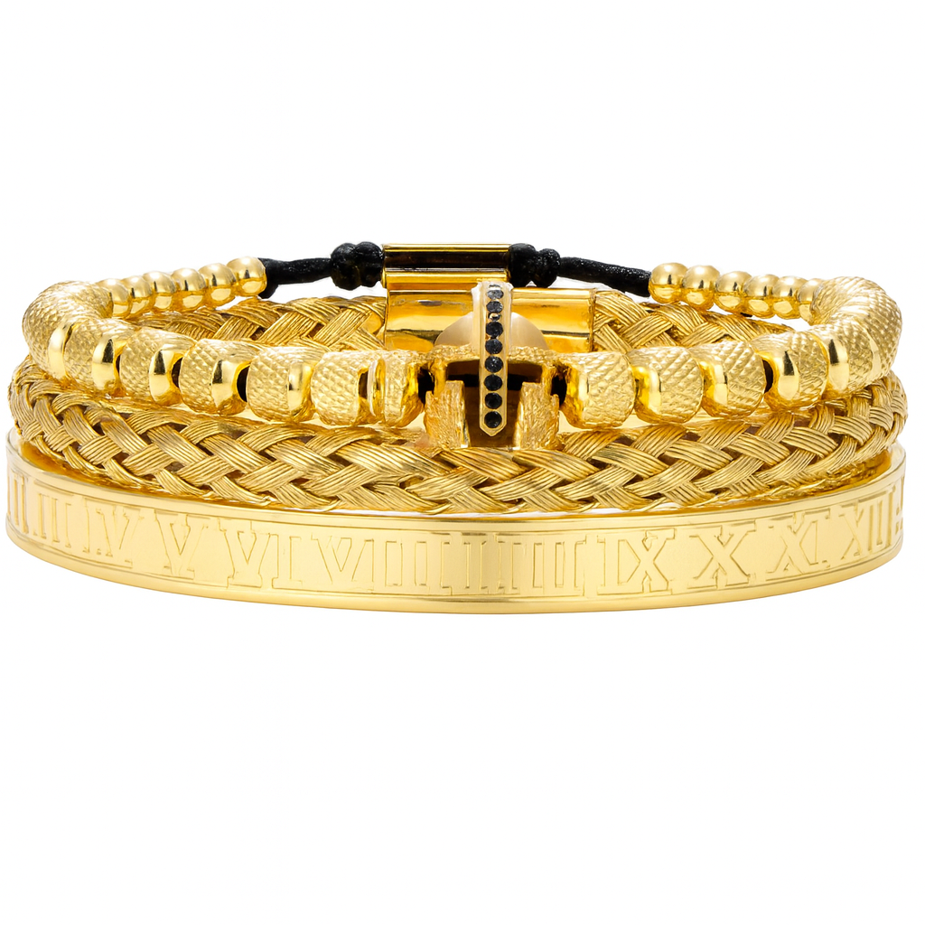 Vintage Knight Helmet Woven Bracelet Set — Stainless Steel Roman Numeral & Braided Stack