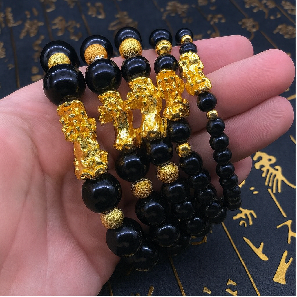 Chinese Style Imitation Obsidian Pixiu Bracelet — Gold-Plated Wealth & Fortune Charm (Unisex)