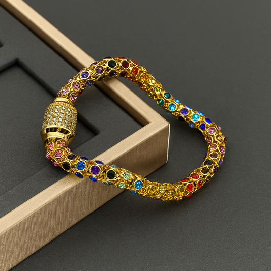 Rainbow Gemstone Magnetic Buckle Bracelet — Stainless Steel Cubic Zirconia Luxury Bangle