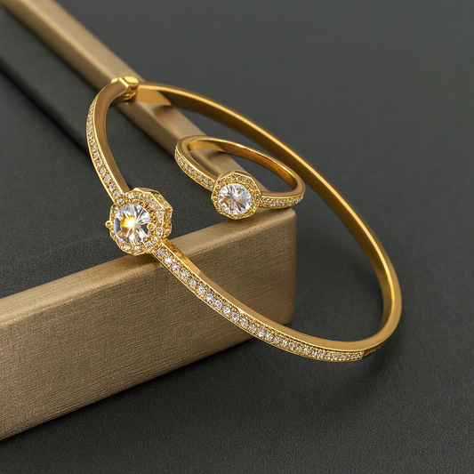 Elegant Gold Zircon Bracelet & Ring Set — Fashionable Jewelry for Women