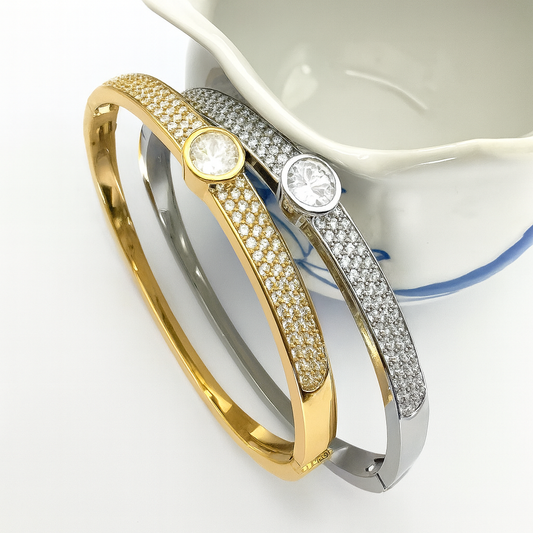 Luxury Dual-Tone Gemstone Bracelet & Ring Set — European Copper Micro-Inlaid Design