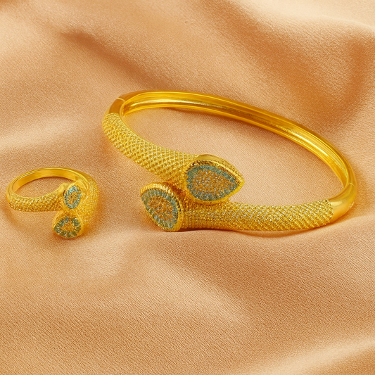 Golden Water Drop Bracelet & Ring Set — Textured Copper Fashion Jewelry