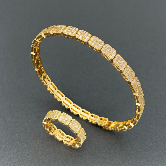 18K Gold-Plated Zircon Mosaic Bracelet & Ring Set — Korean High-End Women’s Jewelry