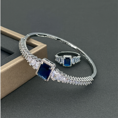 Sapphire Zircon Bracelet & Ring Set — 18K Gold-Plated Korean Luxury Jewelry