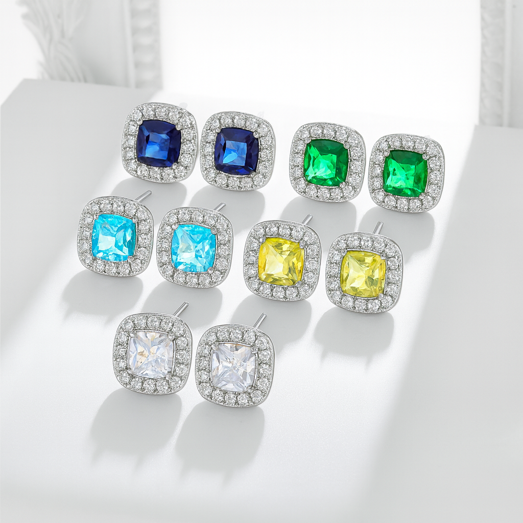 European and American Popular Wish Multi-Color Square Emerald Single Diamond Earrings Gift Jewelry