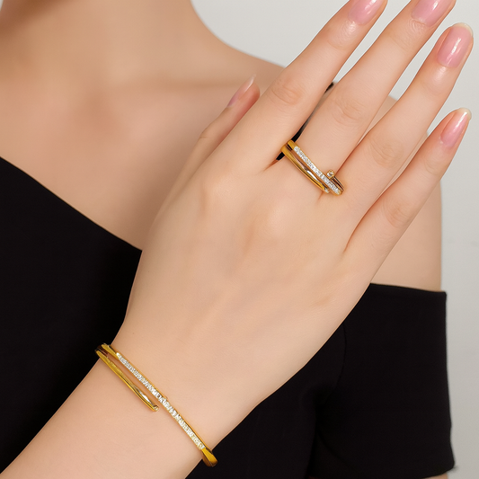 18K Gold-Plated Circular Zircon Bracelet & Ring Set — Korean High-End Jewelry