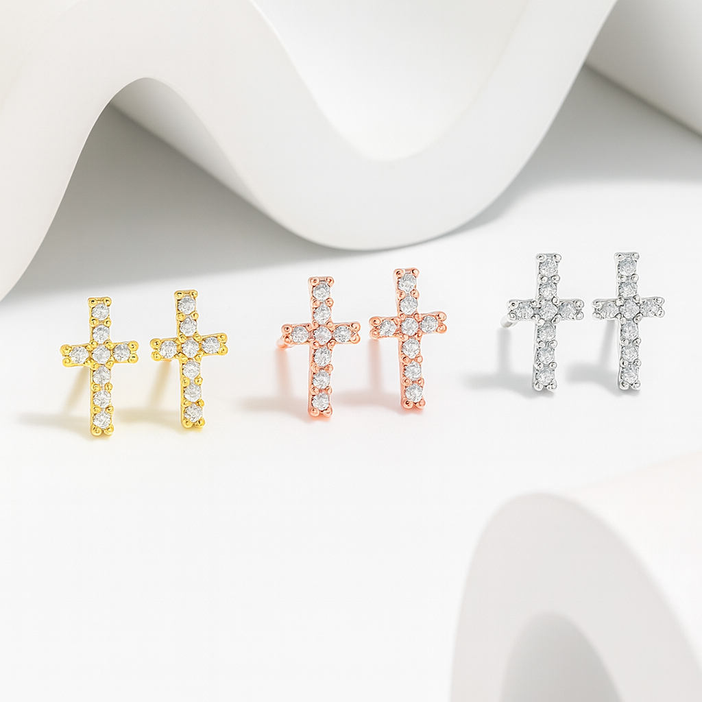 Minimalist Mini Full Diamond Zircon Cross Earrings Gift Jewelry