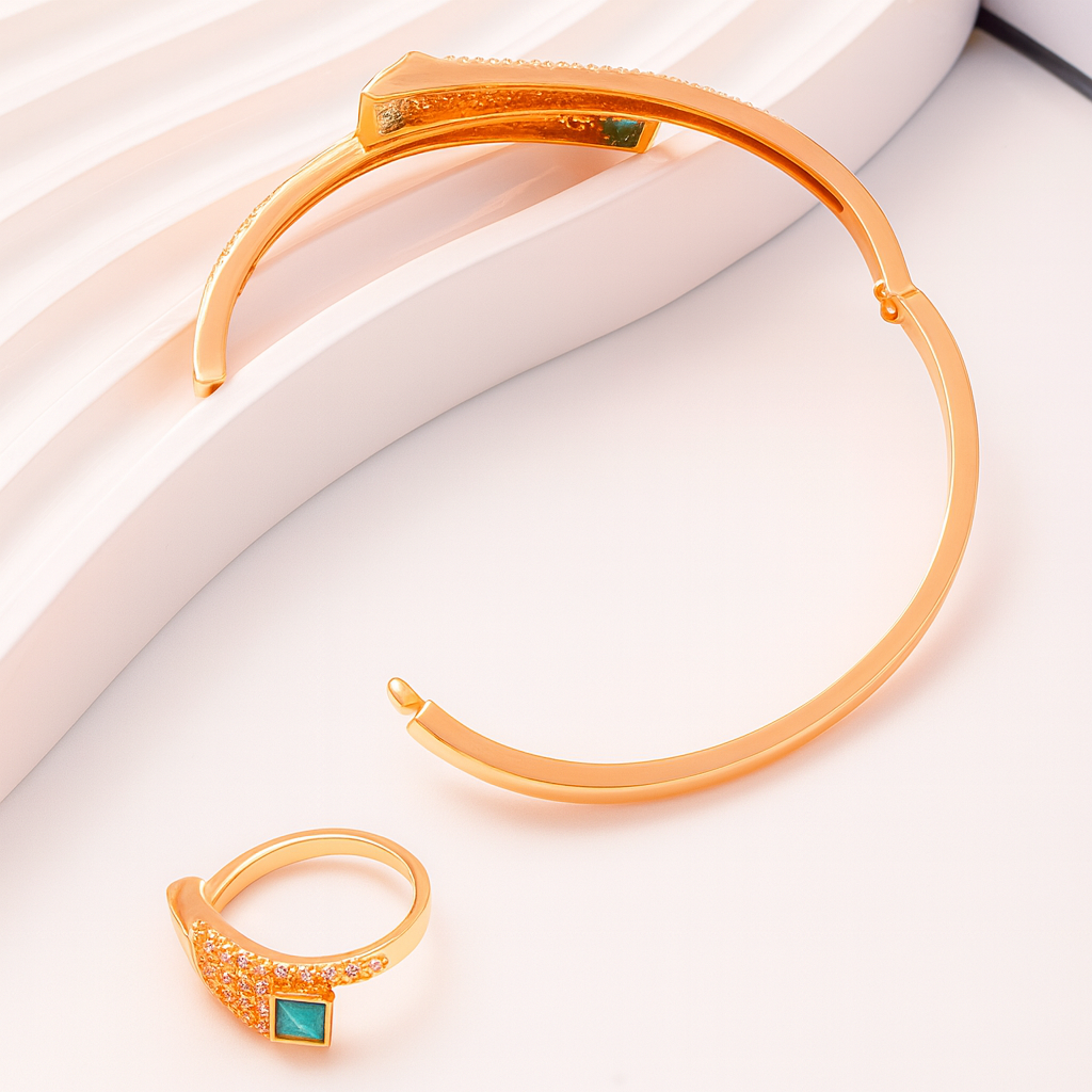 Square Texture Bracelet & Ring Set — Modern Copper Fashion Jewelry