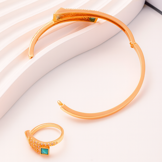 Square Texture Bracelet & Ring Set — Modern Copper Fashion Jewelry