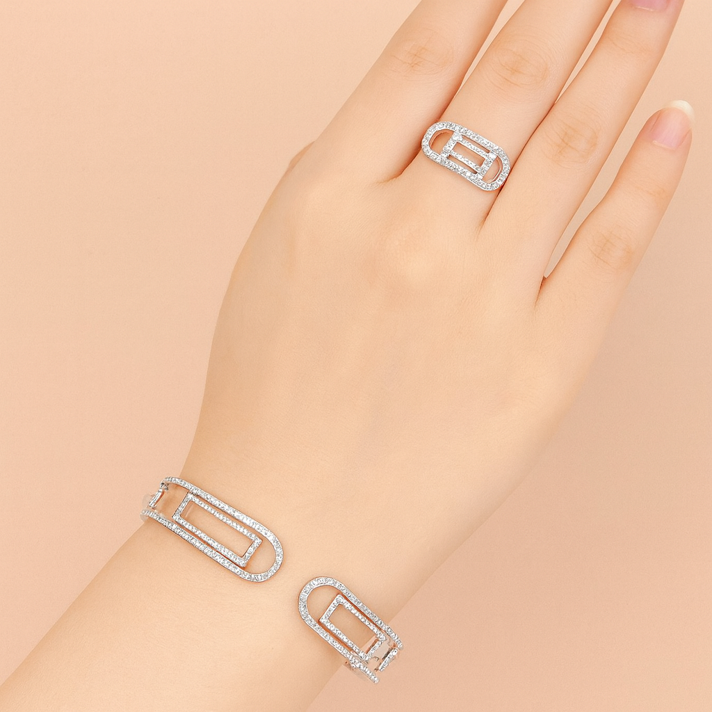 Geometric Zircon Bracelet & Ring Set — 4-Piece Micro-Inlaid Luxury Collection