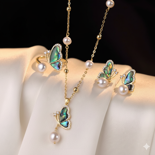 Collier Papillon de Perles – Freshwater Pearl & Abalone Butterfly Necklace Set