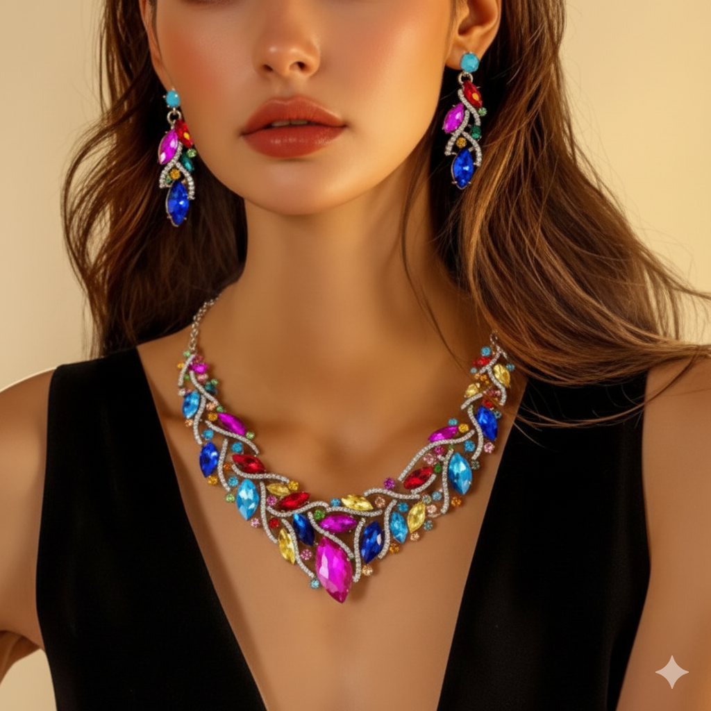 Crystal Gemstone Necklace & Earring Set – Luxurious Multicolour Statement Jewellery