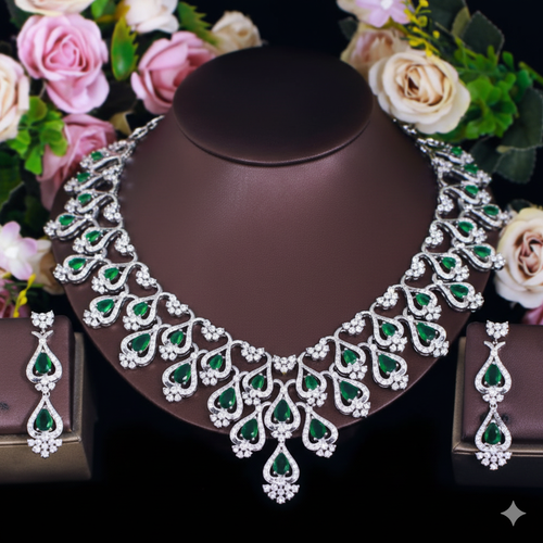 Emerald Crystal Zircon Necklace & Earring Set – Premium Sparkling Jewellery  D