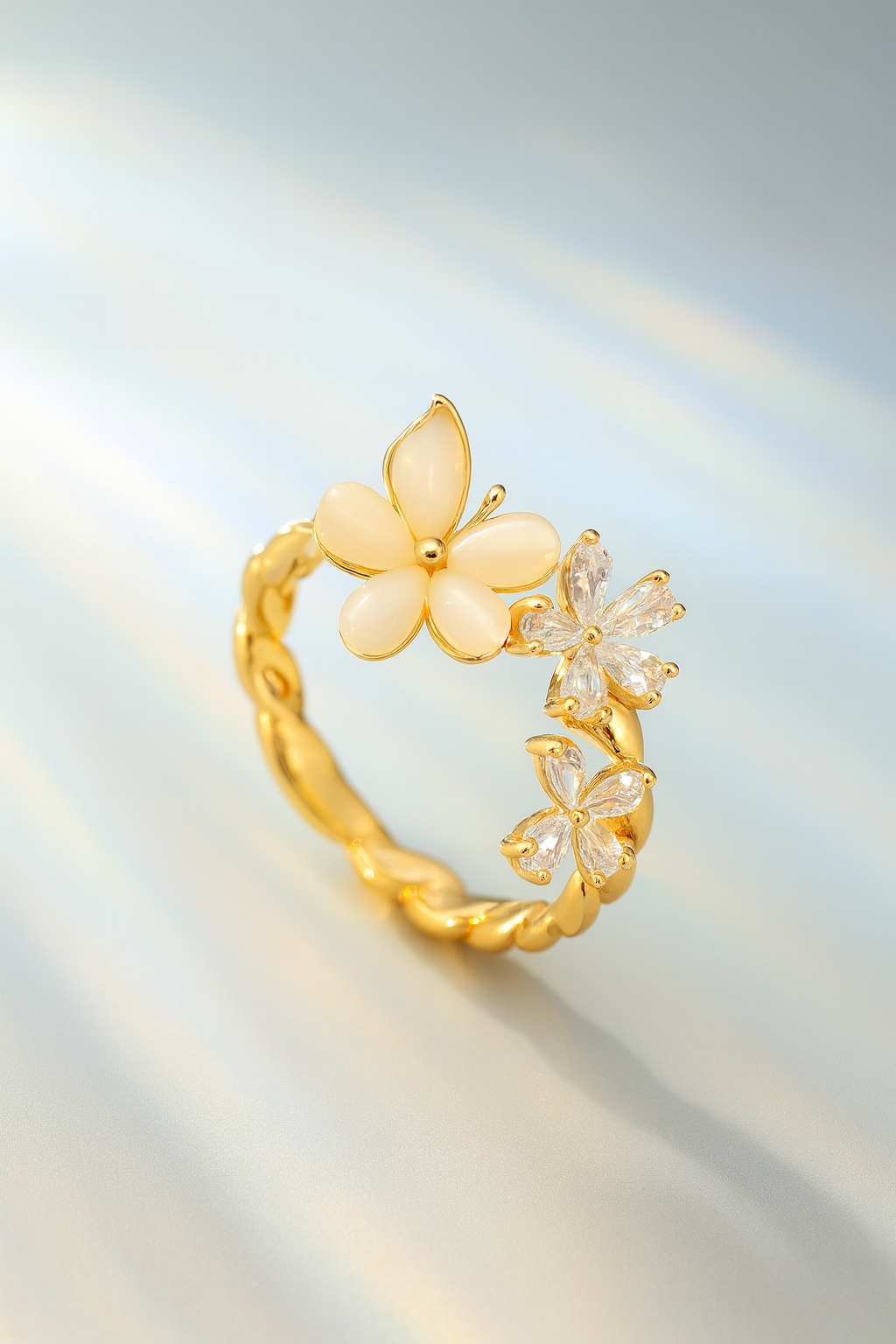 Flower Opening Ring, Simple and Versatile, Cat's Eye Stone with Micro Inlaid Zircon