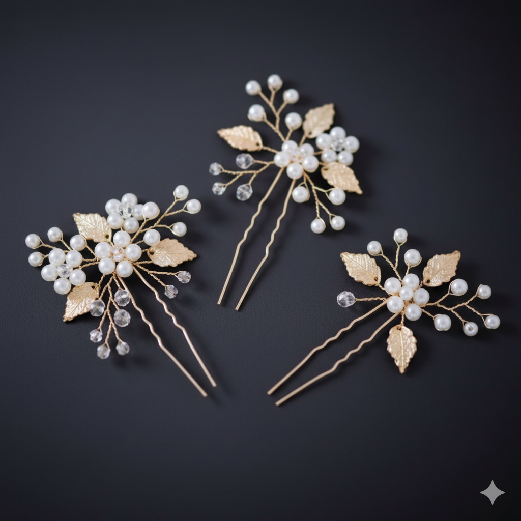 Gold, Silver Leaves & Pearl U-Shaped Hairpins – Bridal / Event Hairpins