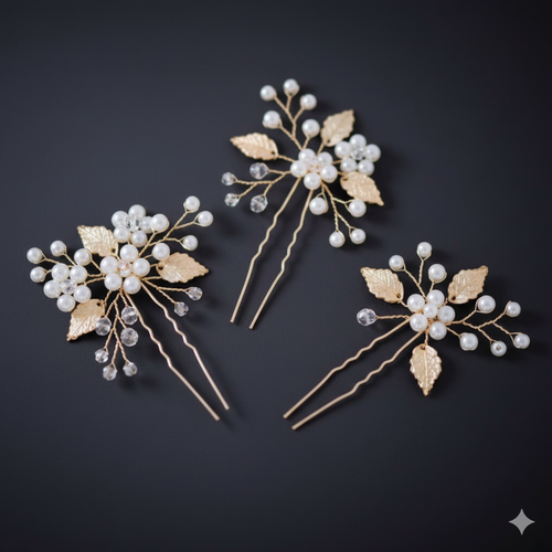 Gold, Silver Leaves & Pearl U-Shaped Hairpins – Bridal / Event Hairpins