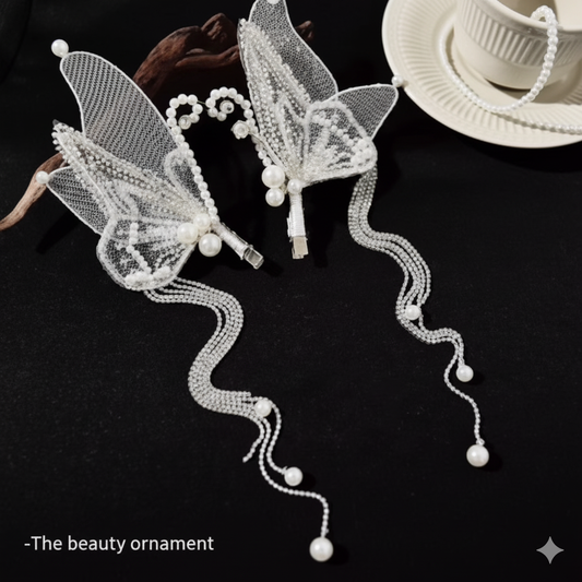 Little Fairy Wedding Dress Hair Accessories – Pearl Tassel Butterfly Elf Bridal Headwear
