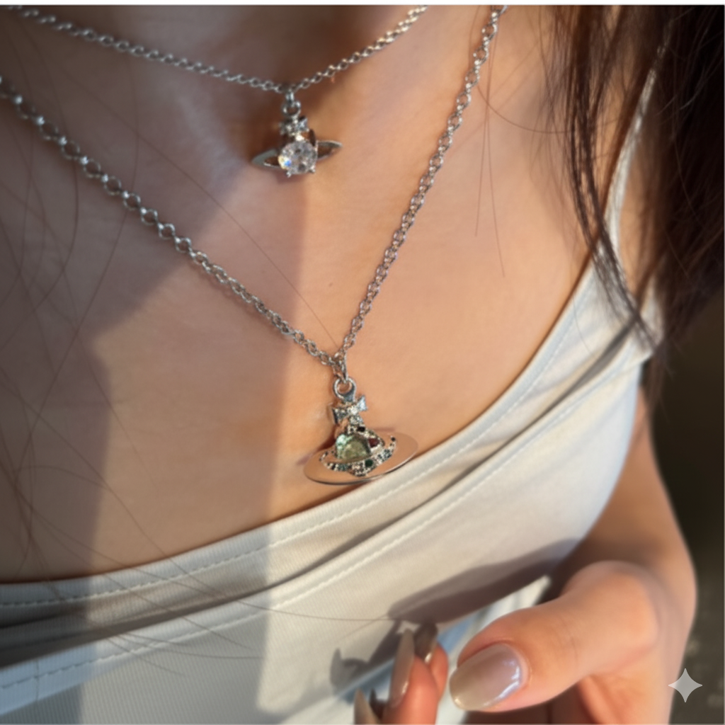 Mint Green Orb Necklace, Three-Dimensional Saturn Chain Inlaid with Diamonds, Star Flyer Fashion