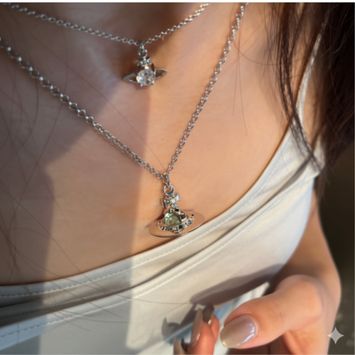 Mint Green Orb Necklace, Three-Dimensional Saturn Chain Inlaid with Diamonds, Star Flyer Fashion