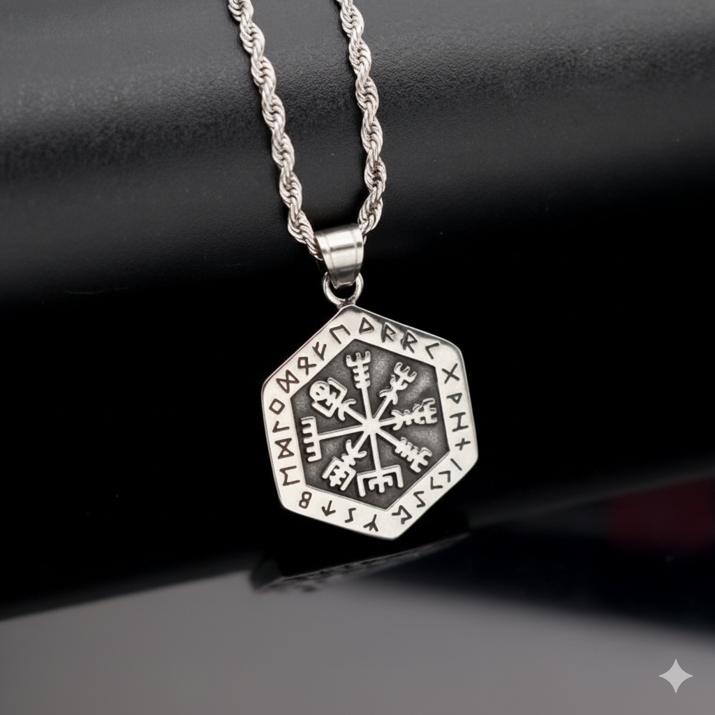 Nordic Cross Border Hot Selling Viking Totem Rune Odin Compass Pendant Hexagonal Titanium Steel Neck