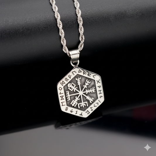 Nordic Cross Border Hot Selling Viking Totem Rune Odin Compass Pendant Hexagonal Titanium Steel Neck