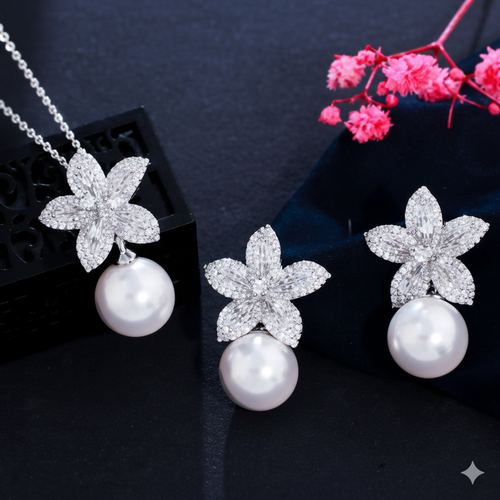 Pearl Small Flower Earrings & Necklace Set – Luxury Bridal & Everyday Elegance