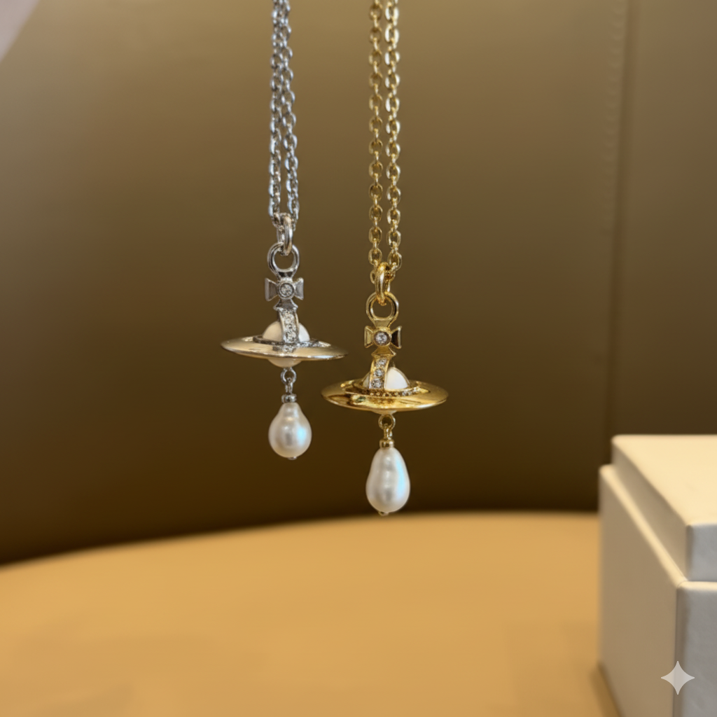 Stereoscopic UFO Saturn Water Drop Pearl Necklace Female Baroque Pearl Neck Chain