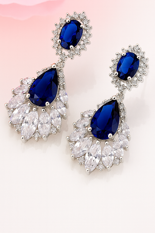 Vintage Earrings, Tassel Earrings, Sapphire Zircon 925 Silver Needle Earrings, Wedding Gift